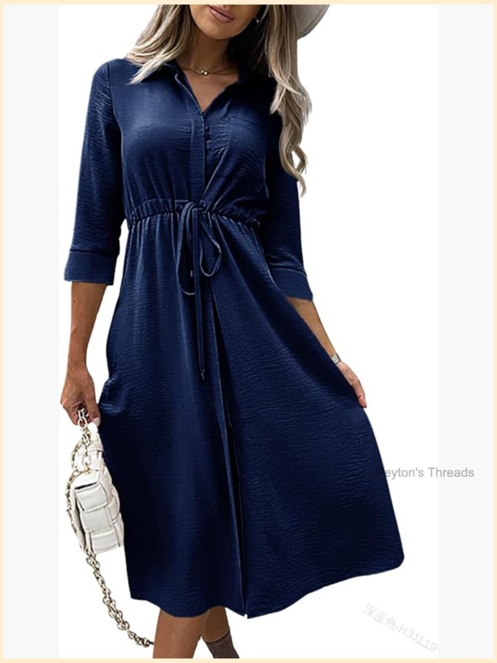 3/4 Sleeve Midi Dress with Belted Waist - Casual A-Line